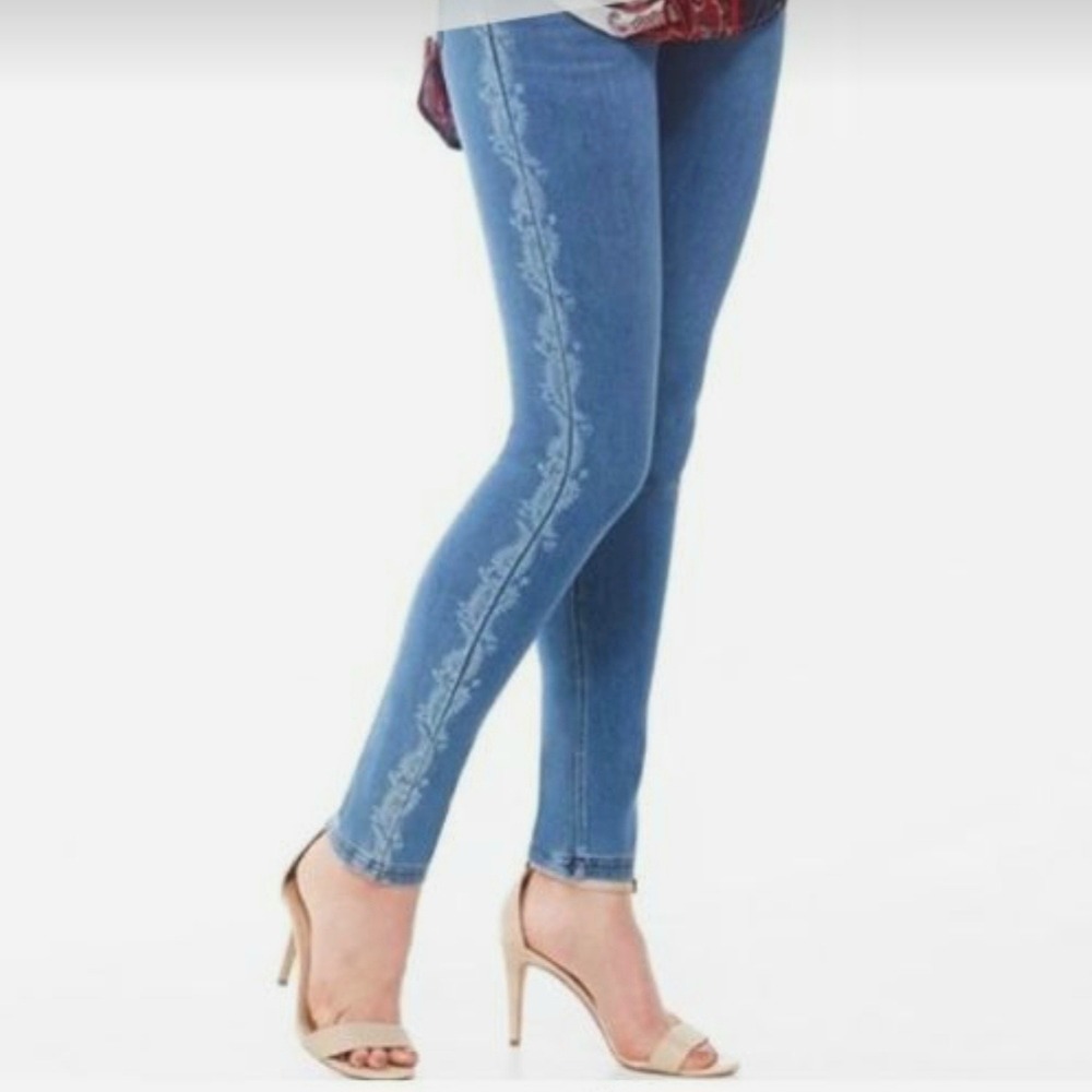 Nygard Luxe Denim Pull-On Blue Jeans Paisley Side Stripes 1X XL Ankle Shaping
